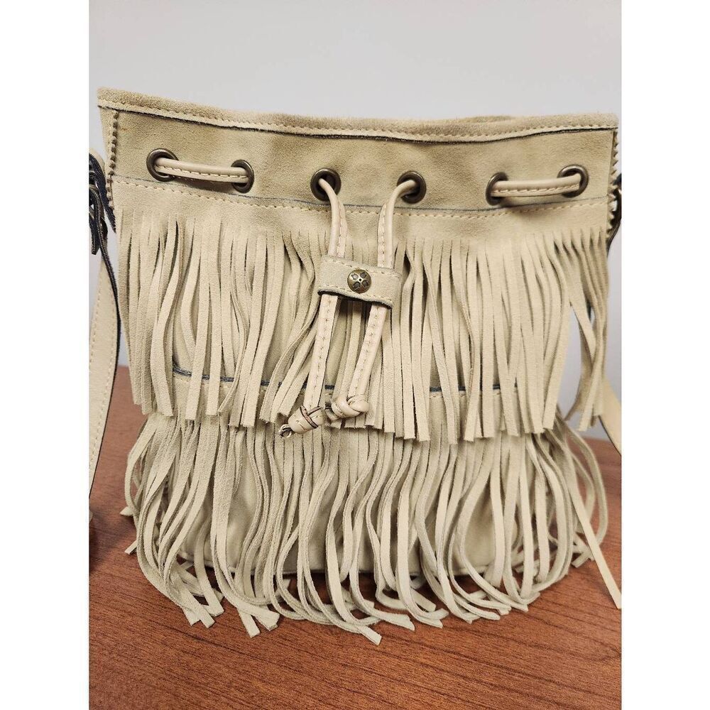 Patricia Nash Tan Suede Leather Fringe Bronte Bucket Crossbody Shoulder Bag - Picture 2 of 14